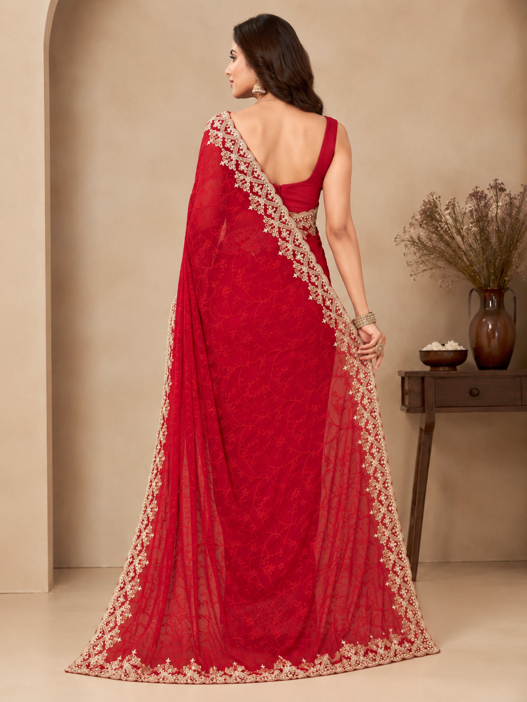 Embroided Floral Bollywood Net Saree - Image 3