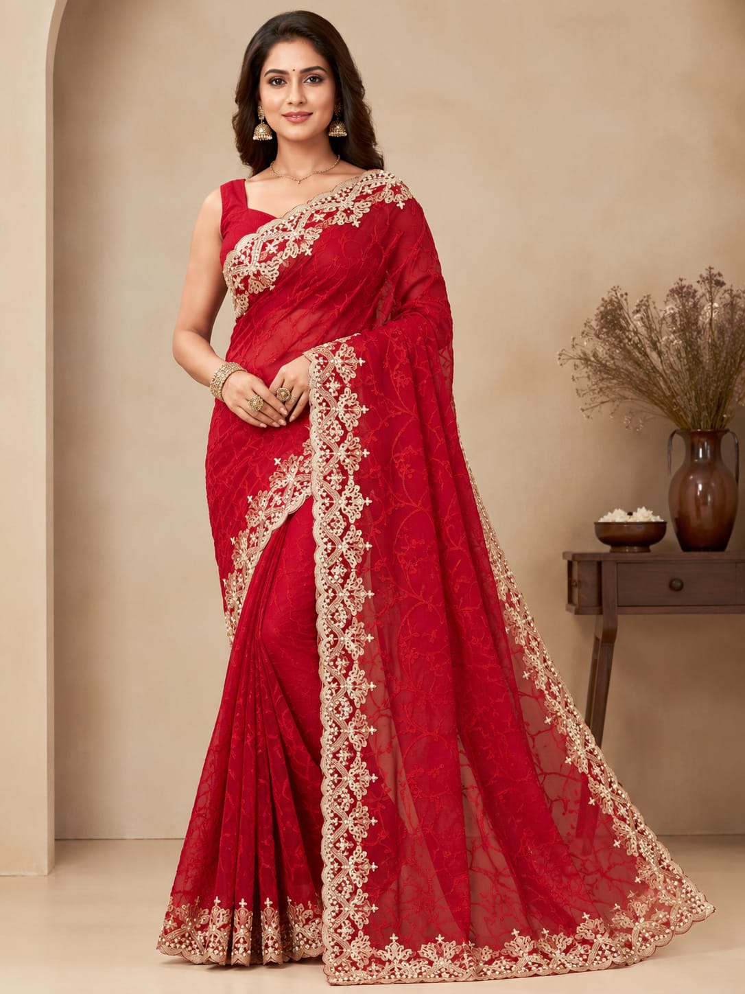Embroided Floral Bollywood Net Saree - Image 2