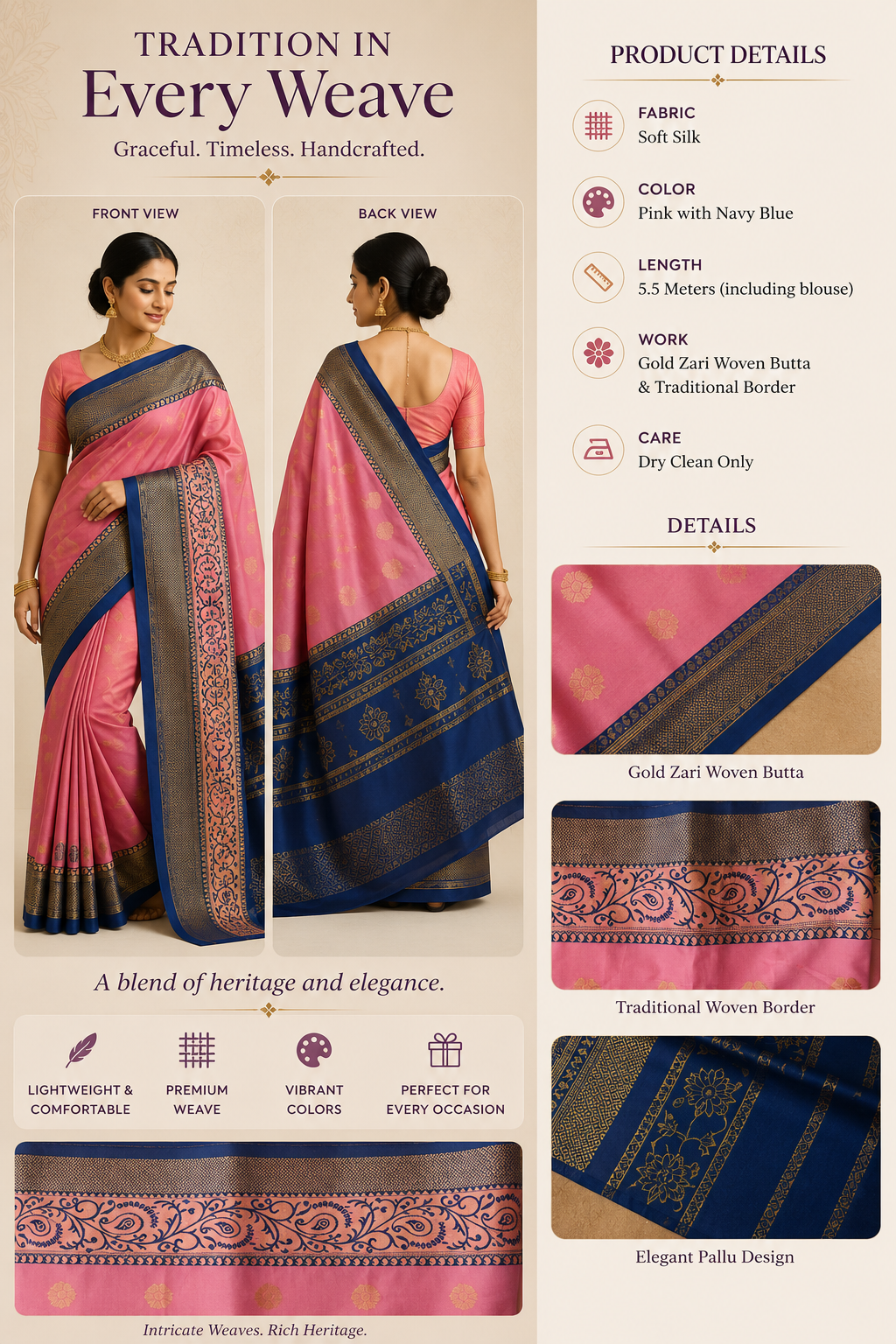 Pink & Nevy Blue Traditional Woven Silk Saree