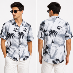 Fypkart Styles Men's Tropical Palm Print Half Sleeve Shirt | White & Grey Regular Fit Casual Beach Shirt