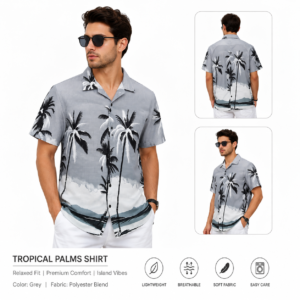 Men's Tropical Palm Print Casual Half Sleeve Shirt – Grey