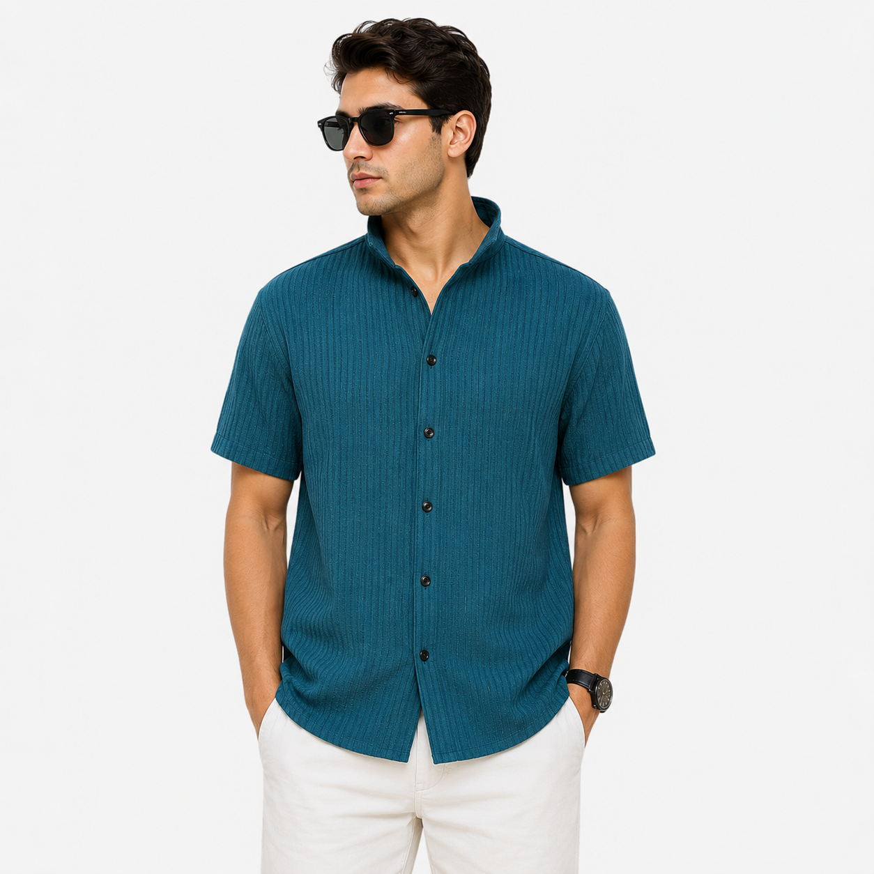 Men's Teal Textured Casual Half Sleeve Shirt