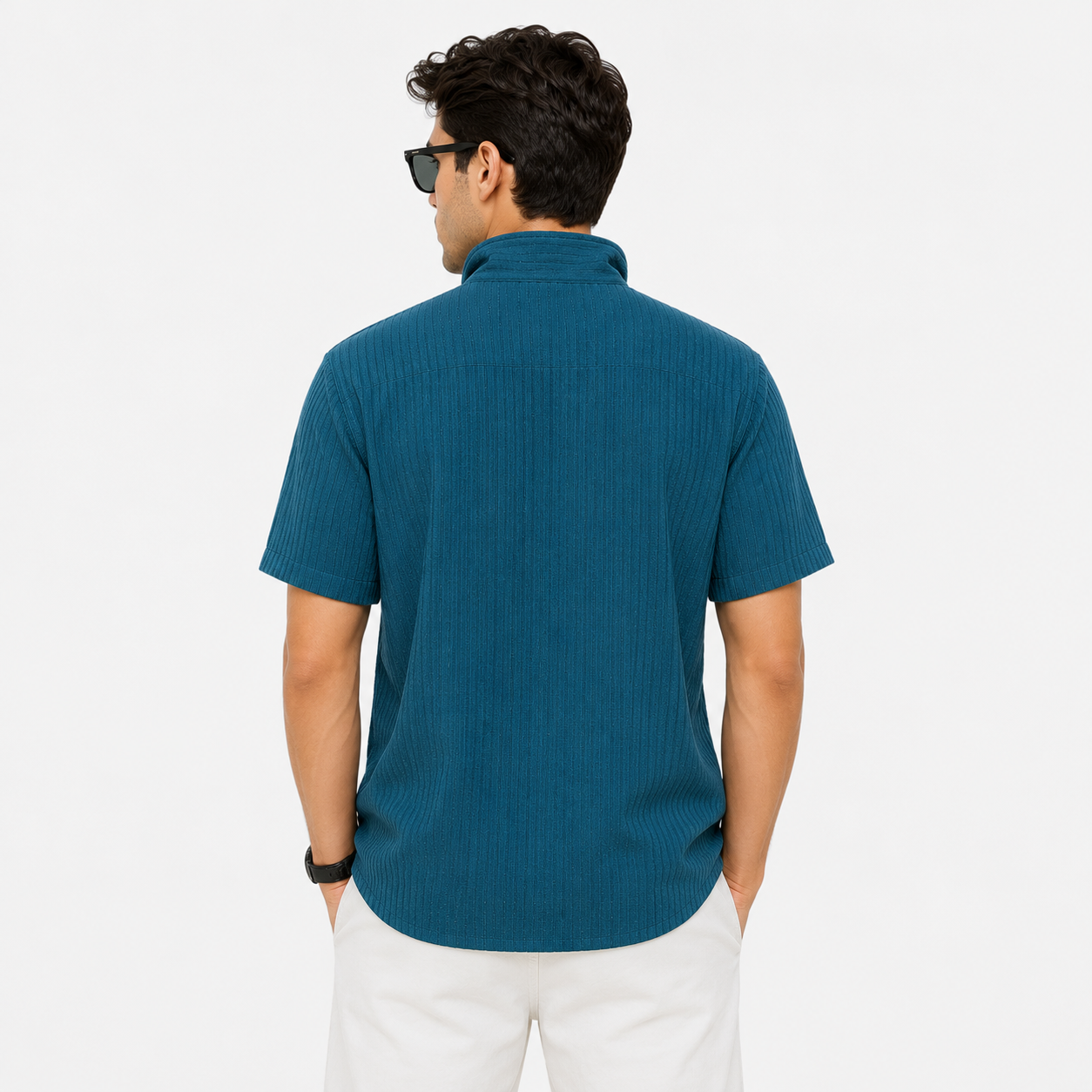 Men's Teal Textured Casual Half Sleeve Shirt - Image 2