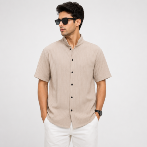 Men's Beige Textured Casual Half Sleeve Shirt