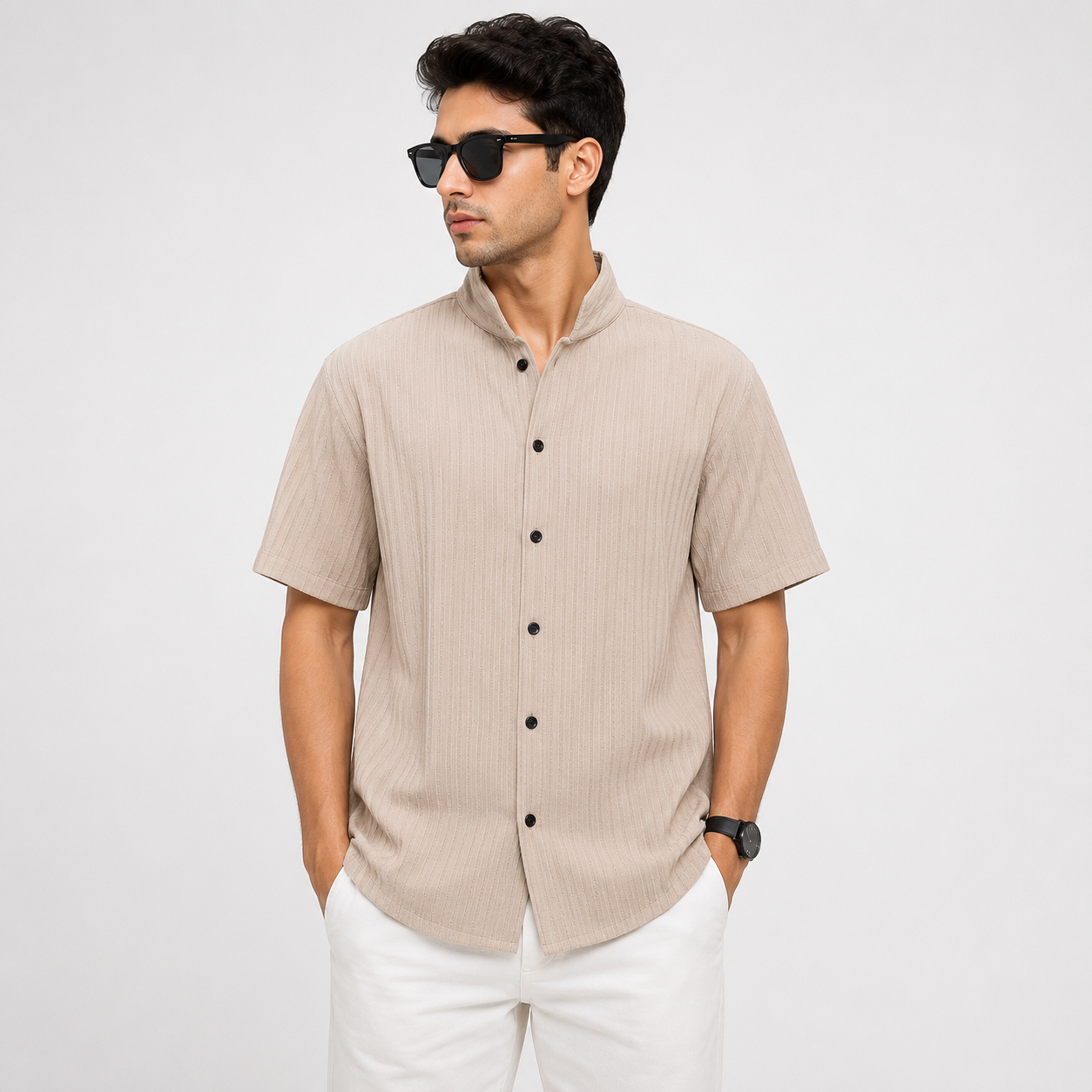 Men's Beige Textured Casual Half Sleeve Shirt