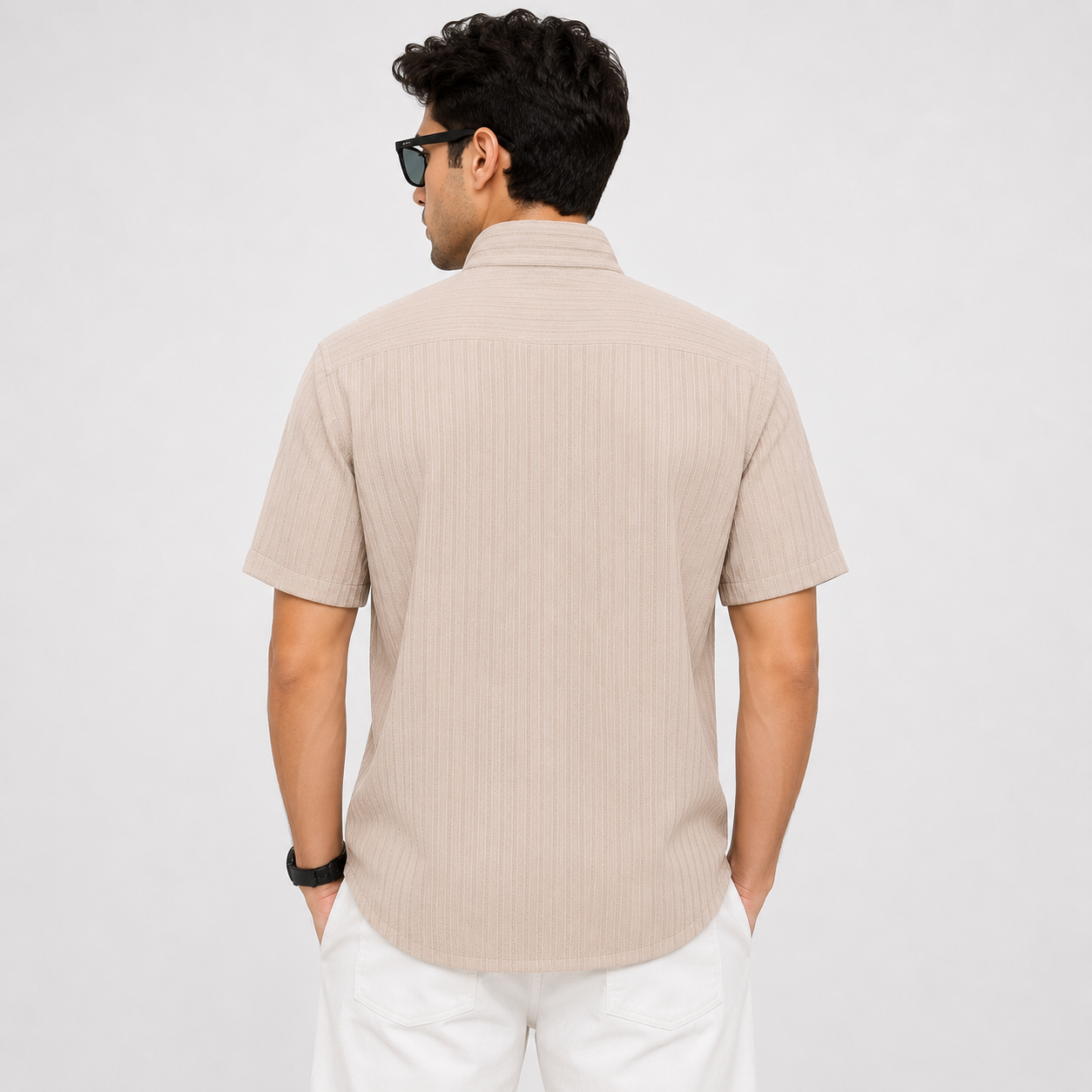 Men's Beige Textured Casual Half Sleeve Shirt - Image 2
