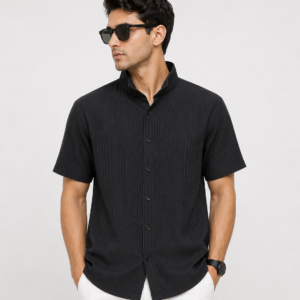 Men's Black Textured Casual Half Sleeve Shirt