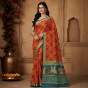 Rajwadi Heritage Printed Saree – Orange & Teal Traditional Ethnic Wear