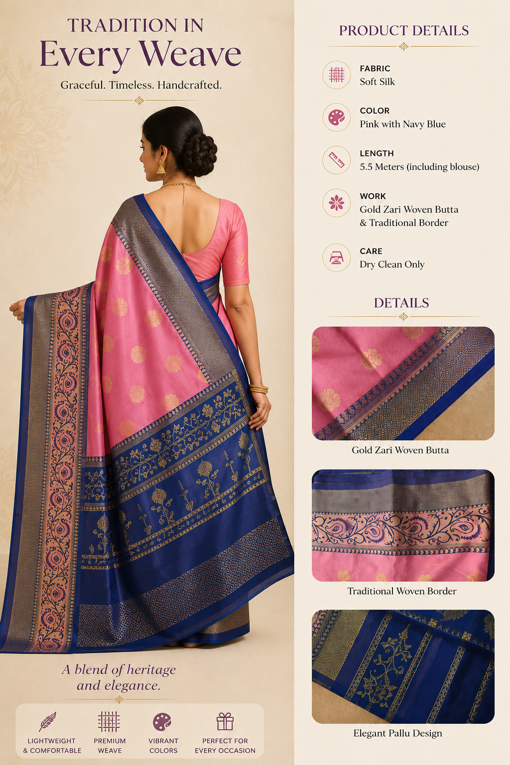 Pink & Nevy Blue Traditional Woven Silk Saree - Image 3