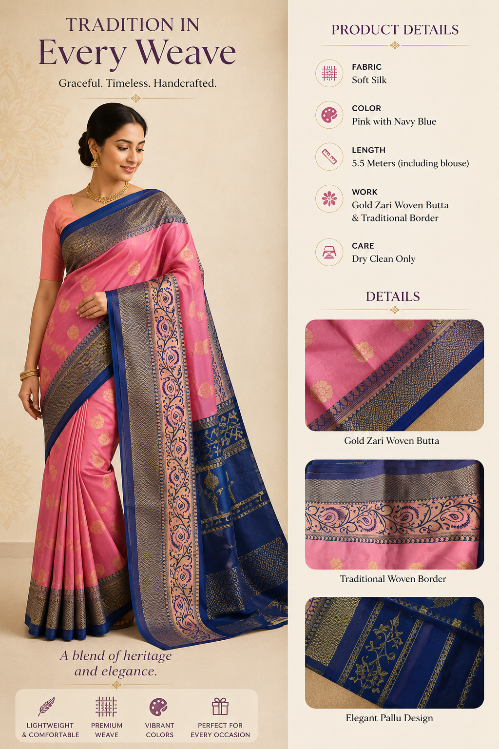 Pink & Nevy Blue Traditional Woven Silk Saree - Image 2