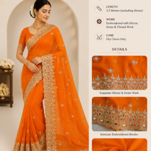 Premium Orange Embroidered Georgette Saree with Mirror Work