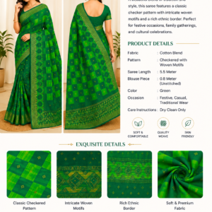 Green Checkered Cotton Blend Saree with Woven Border
