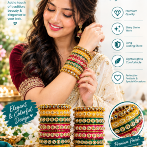 Traditional Multicolour Bridal Bangles Set with Golden Stone Work
