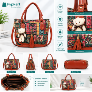 Stylish Ethnic Patchwork Handbag with Teddy Charm