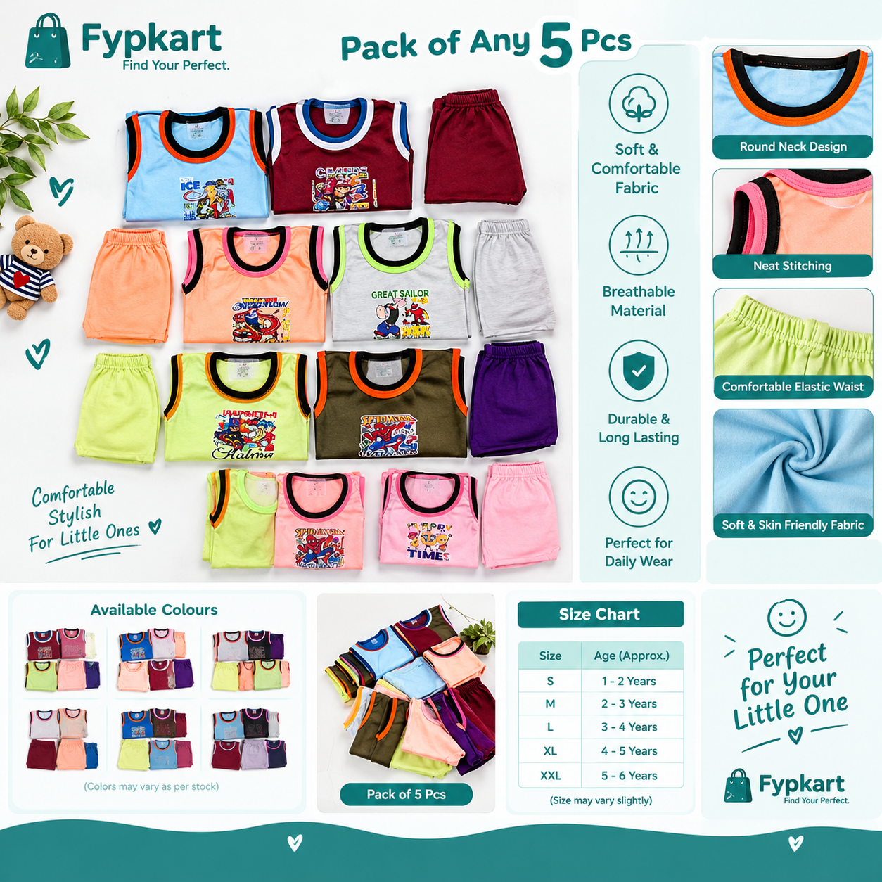 Kids Sleeveless Printed T-Shirt and Shorts Set - Pack of 5